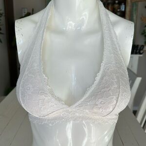 NUE garage size extra small white halter top bralette with floral lace